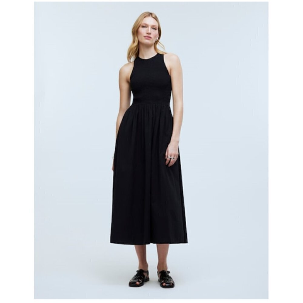 Madewell Melody Smocked Crinkled Cotton Poplin Midi Dress Black Size XXS NWT